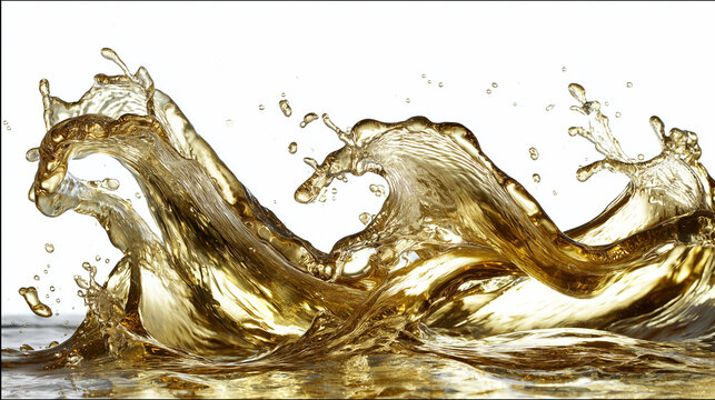 Golden liquid splashing creating dynamic waves and drops on a clean white background, representing motion, energy, and fluidity
