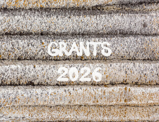 Grants 2026 symbol. Concept words Grants 2026 on beautiful grey mountain wall. Beautiful grey mountain wall background. Business and grants 2026 concept. Copy space.