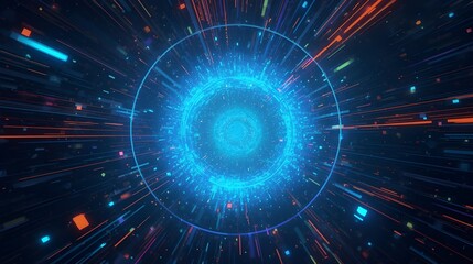 A vibrant tech portal filled with neon rings and dynamic particles, forming a powerful digital swirl that captures motion, data flow, and innovation.