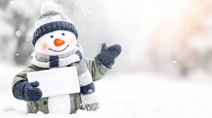 Fototapeta premium Snowman in hat, scarf, jacket, and mittens holding a blank white sign. Presenting with a cheerful smile and pointing to copy space