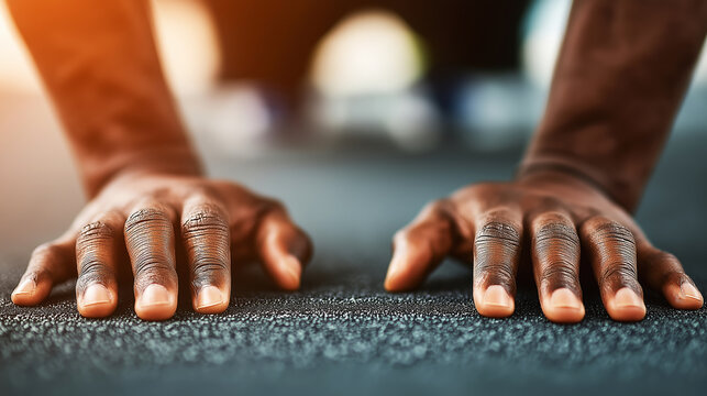 Athlete's hands gripping surface, preparing to start an intense exercise session with power and motivation