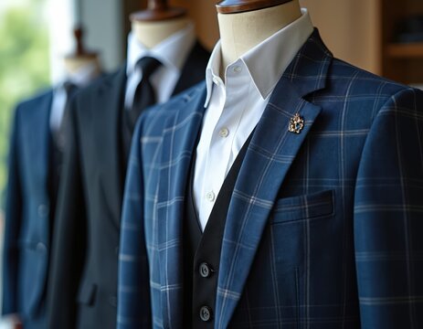Blue plaid men suit jacket with white shirt black vest on mannequin detail. Formal business wear ensemble displayed in shop. Luxury bespoke tailoring concept, elegant male fashion.
