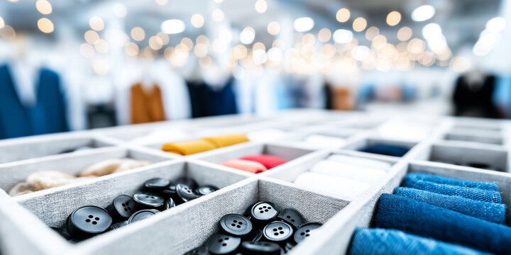 Tailoring supplies organized in a drawer with many black buttons and various fabric swatches in a fashion studio