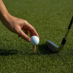 Golfer prepares to tee off by placing the ball on a tee next to an iron on the green grass under a sunny sky at the course.