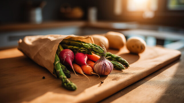 Colorful, raw produce just purchased and organized on a cutting board, ready for cooking and promoting healthy eating