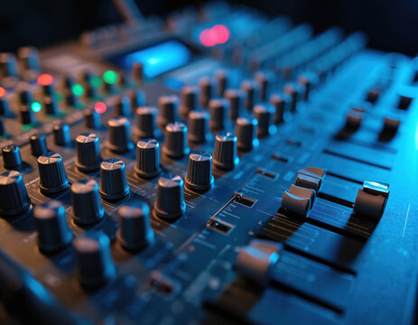 Close-up of sound mixer board with multiple knobs and buttons. Audio equipment has colorful lights. Sound console for music production or live performance. - Powered by Adobe
