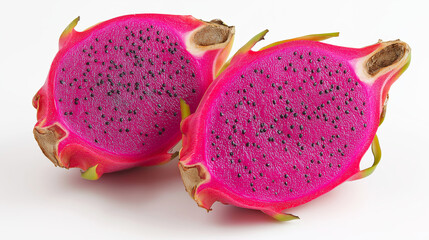 Halved dragon fruits revealing their vivid pink pulp and numerous black seeds, symbolizing health, freshness, and tropical nutrition