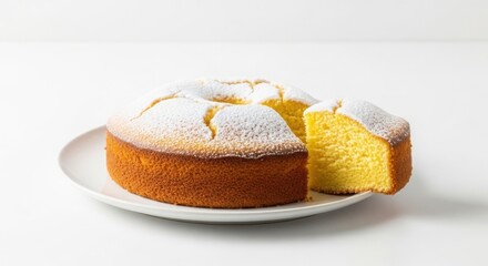 Homemade sponge cake with a cut slice, generously dusted with powdered sugar, served on a white plate against a clean background illustration
