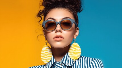 Young woman wears fashionable sunglasses striped shirt and bold earrings in a vibrant setting full of colors.