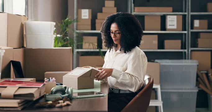 Logistics, woman or packing box in small business for client order, dropshipping package or delivery. Supply chain startup, owner and shipping preparation for parcel distribution and courier service