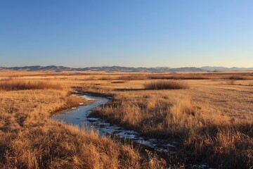 Fototapeta premium Winding stream through golden grasslands under a clear blue sky