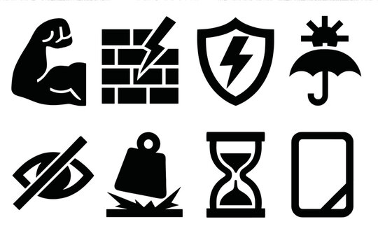 Durability Icon Set. Durability performance icons silhouette set: strength, resistance, impact shield, weatherproof, scratchproof, shock absorb, long-lasting, reinforced edge.
