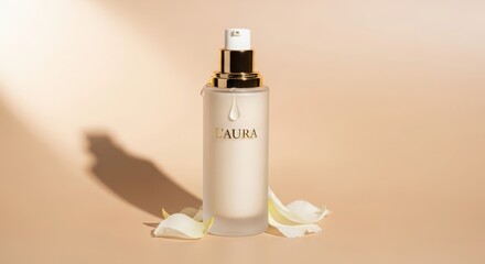 L'aura frosted cosmetic bottle, gold pump, product drop, delicate white petals, soft peach backdrop, highlighting natural beauty and luxury skincare. illustration