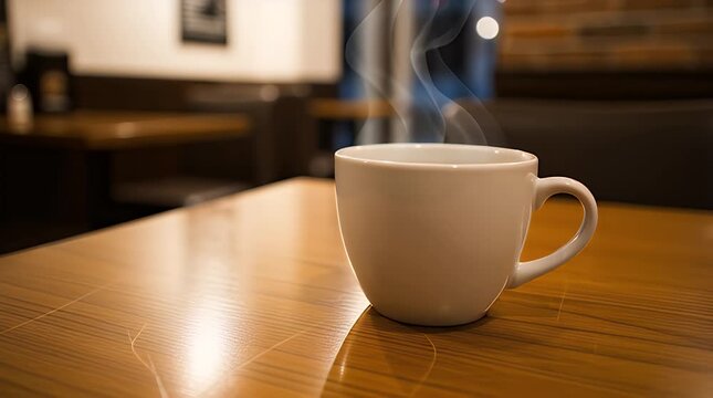 A white ceramic mug sits on a wooden table, with steam rising