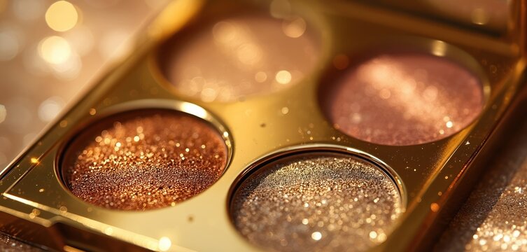 Close up of gold makeup palette with different colors eye shadows. Shiny shimmer palette for make up artists, bloggers. Beauty bloggers will use this photo to promote makeup products.