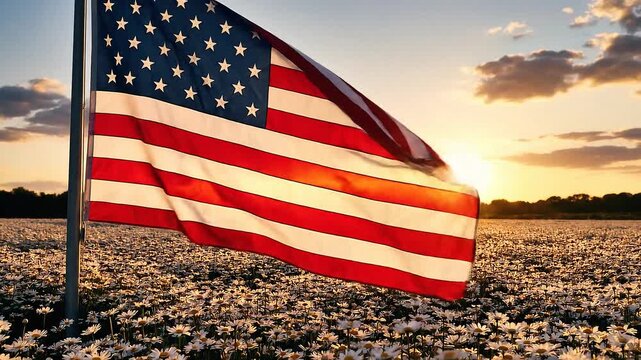 american flag waving at sunset over field patriotic usa background