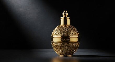 Golden ornate luxury perfume bottle with intricate filigree patterns under dramatic spotlight, elegant and sophisticated fragrance design illustration