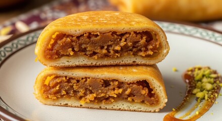 Halved sweet pancakes filled with a rich paste, stacked on a decorative plate with golden syrup and crushed pistachios, tasty dessert. illustration