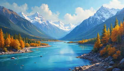 Blue river winds through valley with autumn trees and snow capped mountains. Clear sky with clouds above scenic mountain range and forest. Peaceful nature scene unfolds.