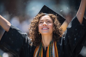 Graduation Celebration With a Joyful Young Woman in Cap and Gown Raising Arms Outdoors