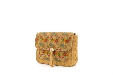 Eco cork handbag decorated with bold motifs and warm tones.