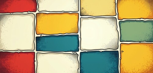 Pop art illustration shows multi panel comic strip template. Many blank speech bubble frames with rough black outlines. Colors red, blue, yellow, cream. Halftone dots, grunge textures give retro