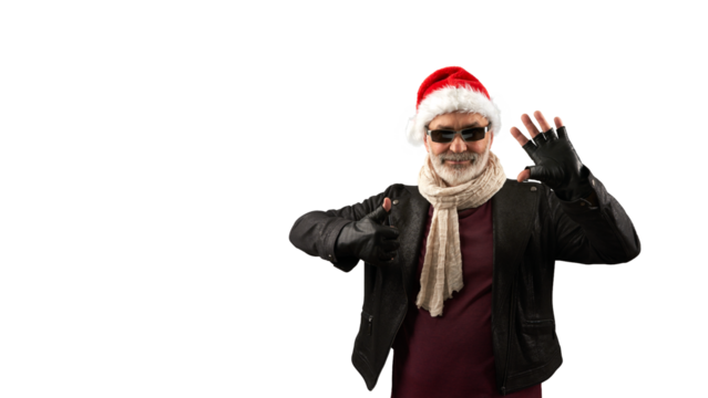 A portrait of a cheerful man wearing a Santa Claus hat and a black rocker jacket, gesturing with his hands in approval, agreement, or support. Copy space. PNG. - Powered by Adobe