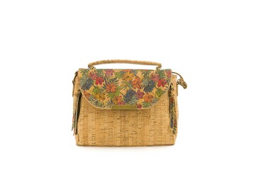 Soft cork bag featuring detailed artistic print and elegant trimming.