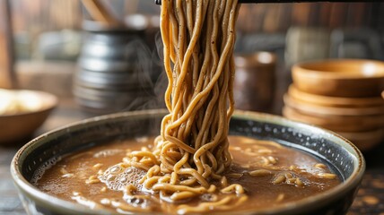 Hyper macro photograph chopsticks lifting brown ramen noodles from savory soup
