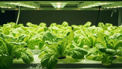 Medium shot of a hydroponic vertical garden with rows of leafy greens growing upwards under controlled indoor lighting for sustainable urban farming.
