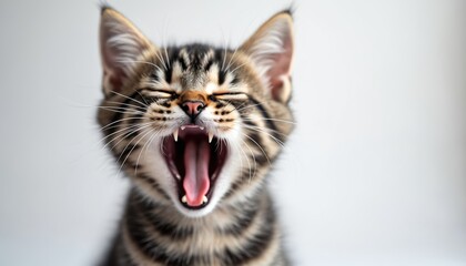 Obraz premium Funny tabby kitten yawns with mouth wide open. Adorable sleepy pet shows sharp fangs, pink tongue. Small cute domestic animal roars meows loudly. Portrait of tired little cat isolated on white