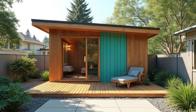 Illustration presents modern ADU tiny house in backyard with wooden deck lounge chair. Compact sustainable eco housing with garden design for small space living
