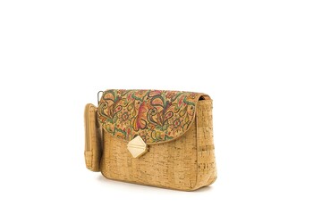 Natural cork handbag with bright, decorative artwork and sleek shape.