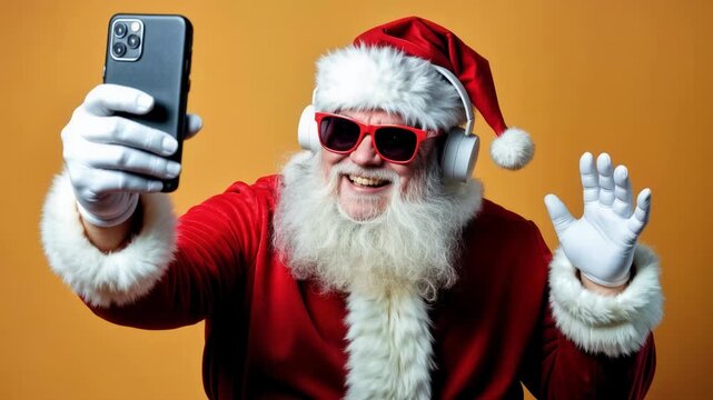 Modern Santa Claus taking selfie with smartphone wearing sunglasses and headphones showing rock gesture. Cool Christmas character with technology celebrating holidays in contemporary festive style.