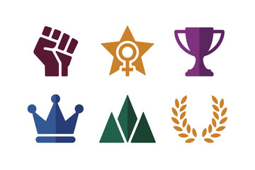 Award and empowerment symbols set, protest fist, female star badge, trophy cup, crown, mountains, laurel wreath, vector