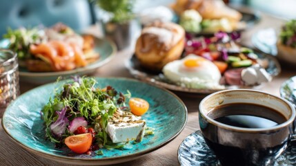 A beautiful brunch spread features vibrant salads flaky pastries and rich coffee on a wooden table.
