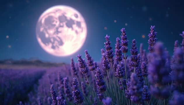 Purple lavender flowers bloom in a vast field under a luminous full moon. A serene natural landscape at night with a bright moon and soft starry sky. This tranquil outdoor scene feels dreamy and calm.