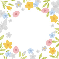 Colorful painted eggs and flowers decorate a square frame for a happy Easter celebration.