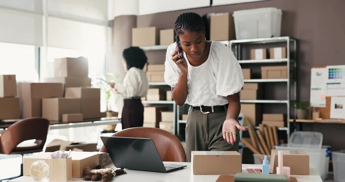 Laptop, woman or frustrated with phone call in logistics for delivery mistake, lost package or crisis. Supply chain staff, owner and stress with contact in warehouse for shipping delay or order error