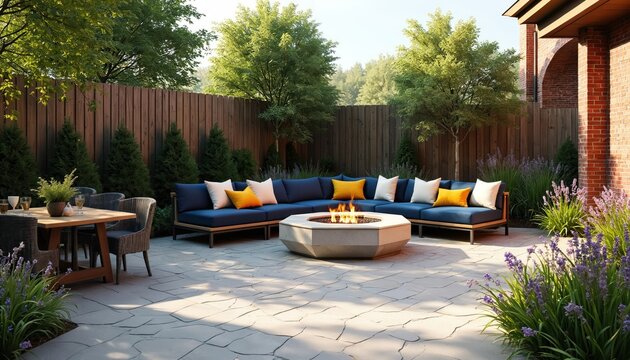 Modern outdoor patio set with sectional sofa, fire pit, dining table and chairs. Rich landscaping with trees and flowers creates a relaxing atmosphere for backyard gatherings and leisure time. - Powered by Adobe