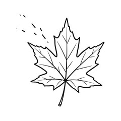 Black and white line drawing of a maple leaf with small dashed lines indicating falling motion, isolated on