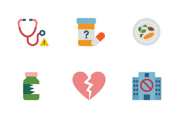 Healthcare icons set, stethoscope device, medicine bottle question mark, hospital building, broken heart, balanced meal plate