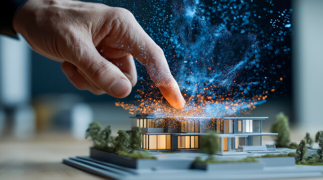 Hand interacting with holographic data visualization over architectural model. Real estate.