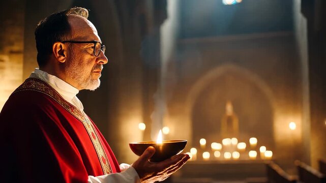 Clergyman holding chalice in reverent ritual amidst glowing candlelight in sacred space