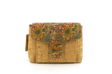 Natural cork handbag with colorful print photographed on a clean white background.
