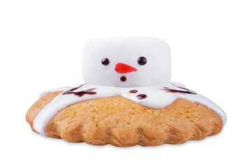 Gingerbread cookie with melting snowman topping on a white isolated background