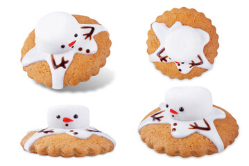 Gingerbread cookie with melting snowman topping on a white isolated background