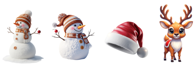 Christmas holiday assets: cute snowmen, santa hat and reindeer isolated on transparent background