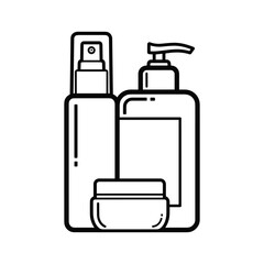 Outline icon set of cosmetic product containers including spray bottle, pump dispenser bottle, and jar for beauty routine or skincare concept isolated on