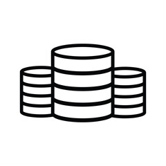 Black and white line icon representing three stacks of coins of different heights, isolated on